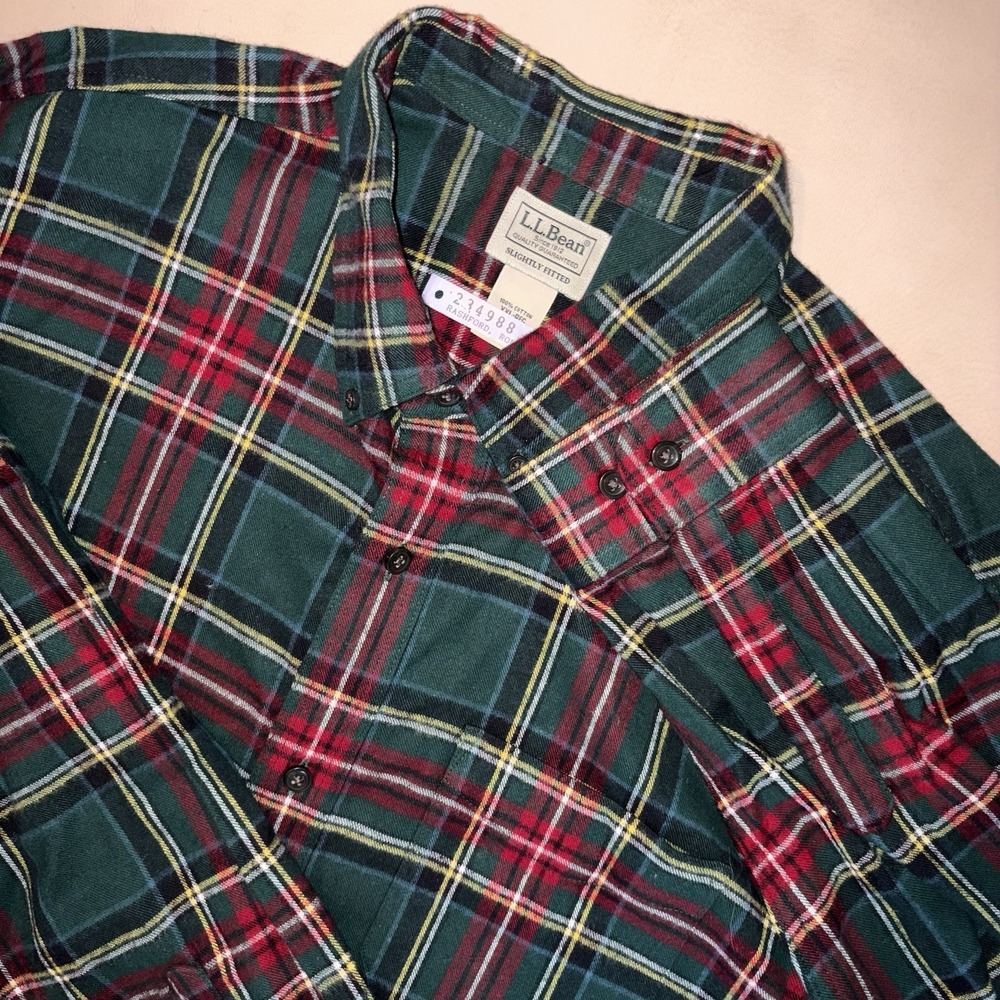 LL Bean Mens Flannel XXL 2XL Button Down Slightly Fitted Plaid Green Red